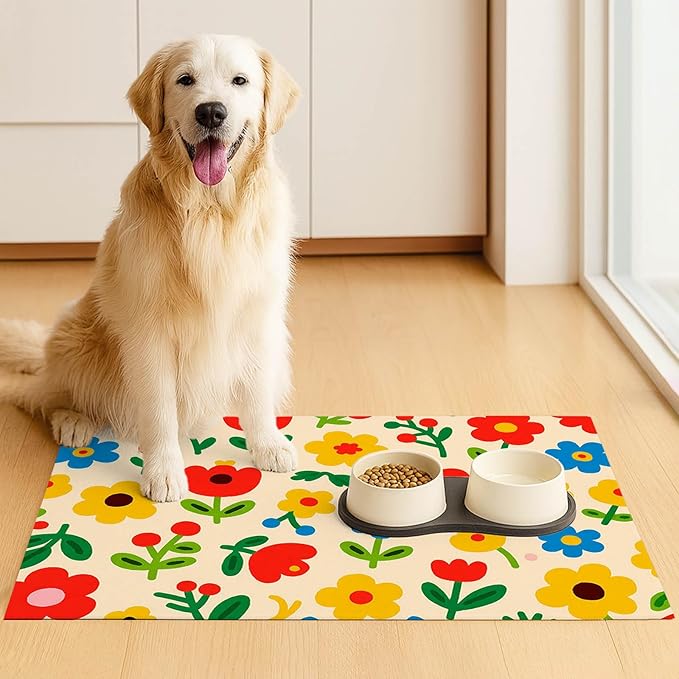 Pet Feeding Mat 24x16 inch Colorful Flower Print Pet Bowl Placemat Non Slip - Image 3