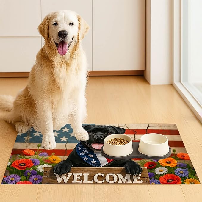 Patriotic 4th of July Flag Dog Pet Food Mat Independence Day Spill-Proof Pet - Image 3