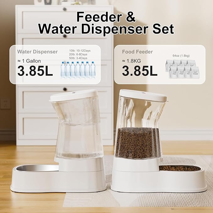 Automatic Pets Gravity Feeder and Water Dispenser Set, 1Gallon x 2 Stainless - Image 2