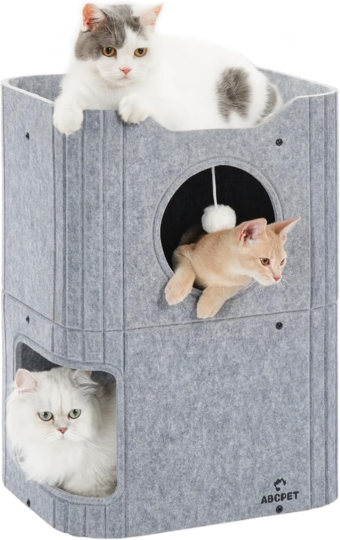 Cat House for Indoor Cats, 2-Storey Cat Bed Cave, Felt Cat Hideaway Condo by ABCPET