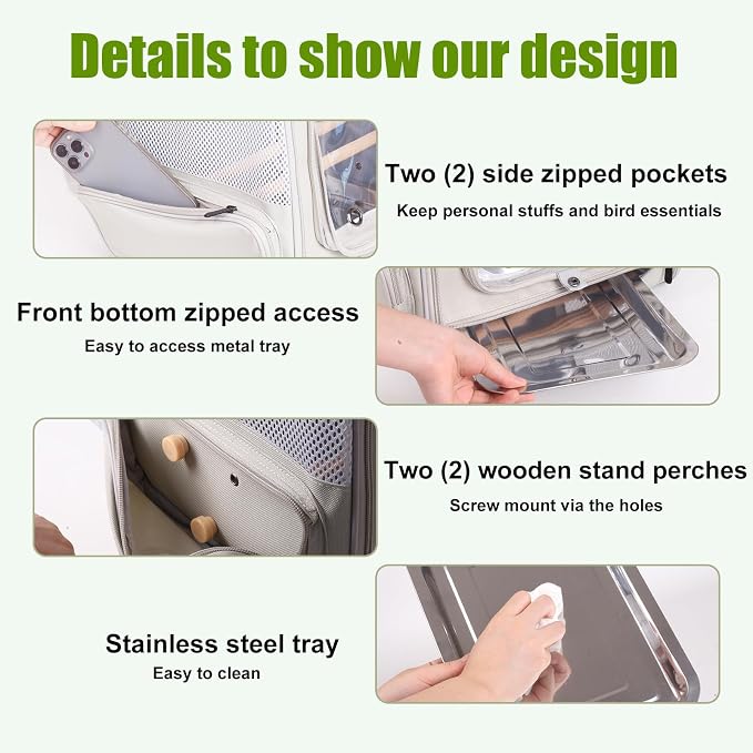 Bird Backpack Carrier with Front Zipper Opening, Portable Bird Travel Carrier - Image 9
