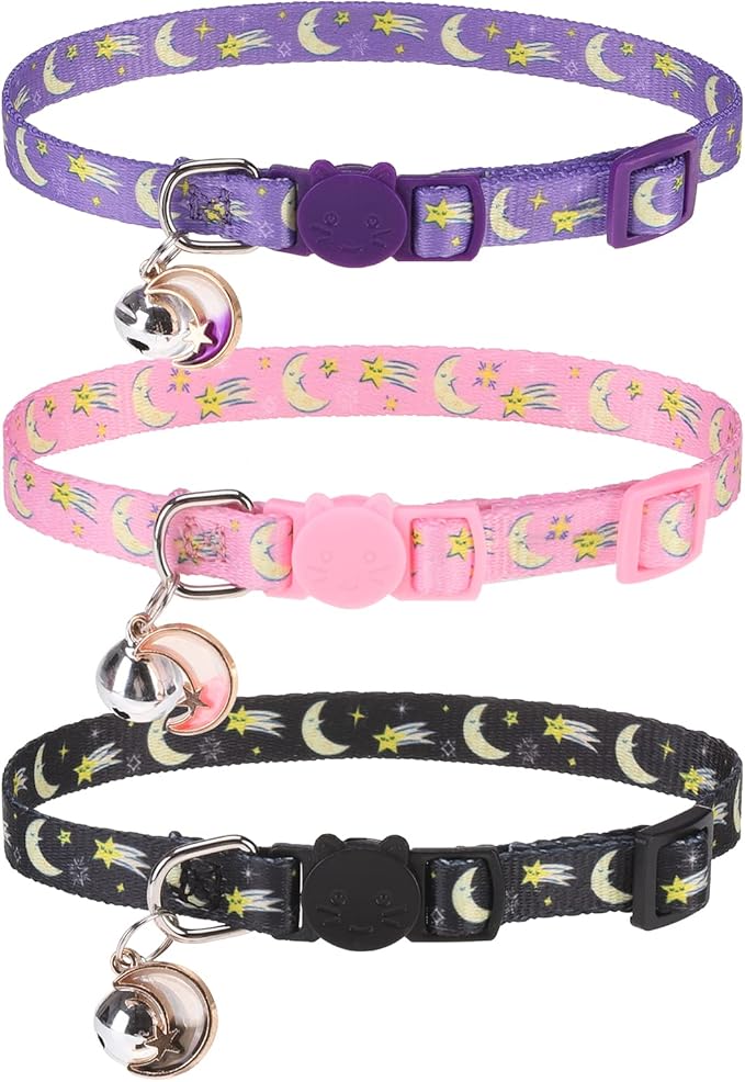 Breakaway Cat Collars with Bell & Cute Pendants, 3 Pack Safety Buckle Kitten by VKPETFR