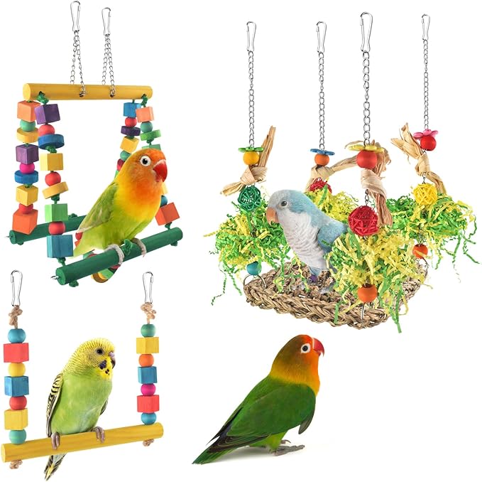 Bird Hammock Toys Parakeet Perches Swing, 3in1 Detachable Parrot Cage by DBNESS
