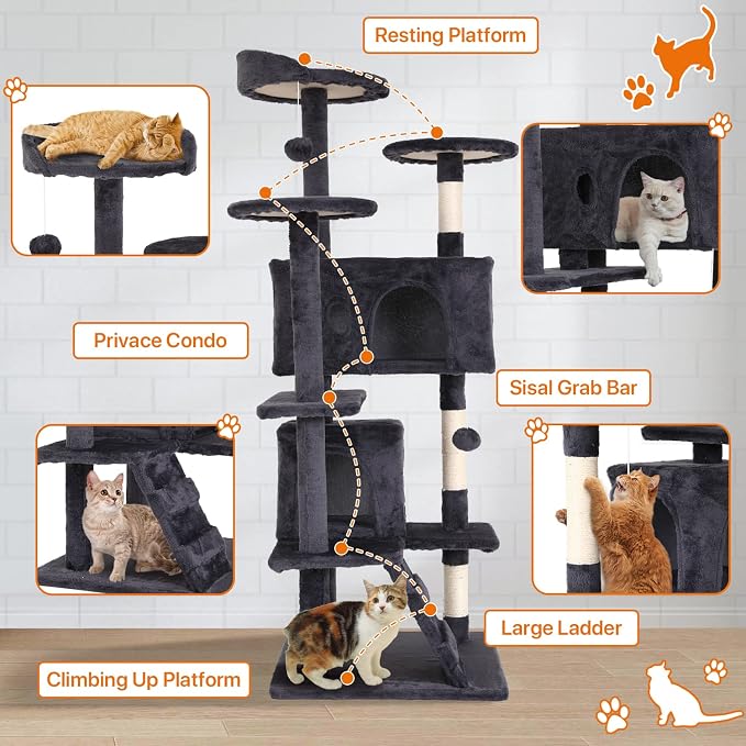 70 Inch Light Gray Cat Tree, Tall Cat Tower - Image 6