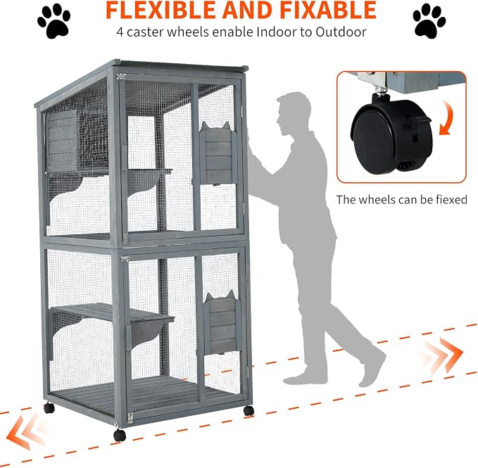 69-Inch Catio, Wooden Cat Enclosure, 4-Tier Cat House w/Waterproof Roof - Image 2