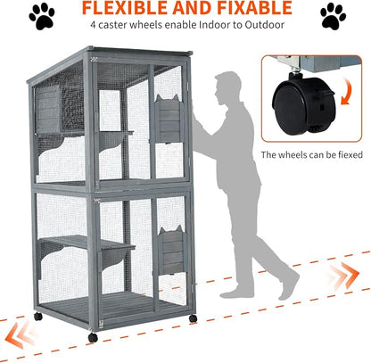 69-Inch Catio, Wooden Cat Enclosure, 4-Tier Cat House w/Waterproof Roof - Image 2
