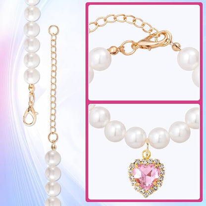 2pcs Cat Pearl Collar with Heart Pendant, Cute Pearl Pet Necklace in Small - Image 4