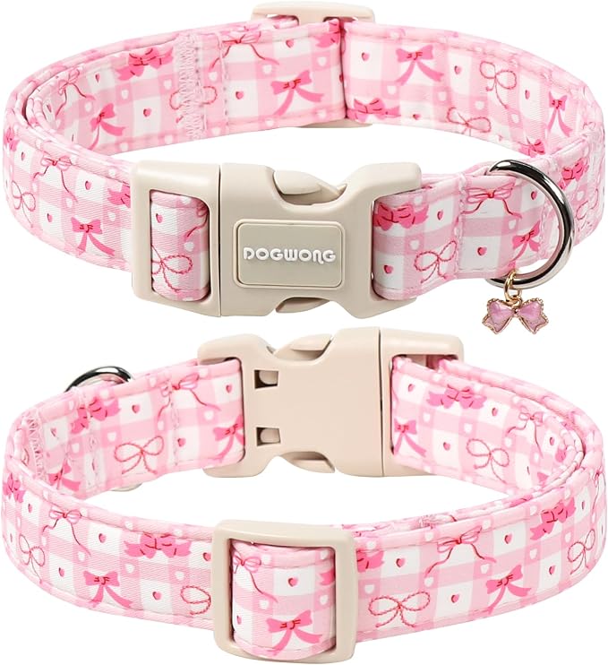 DOGWONG Pink Plaid Dog Collar-Cute Pink Bowtie Print Dog Collar, Adjustable - Image 2