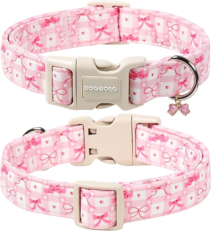 DOGWONG Pink Plaid Dog Collar-Cute Pink Bowtie Print Dog Collar, Adjustable - Image 2