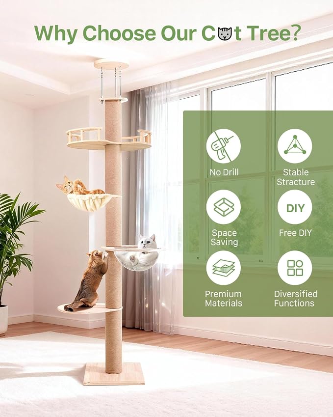 Floor to Ceiling Cat Tree, Adjustable Height, 4 Level Tall Cat Tree Tower - Image 5