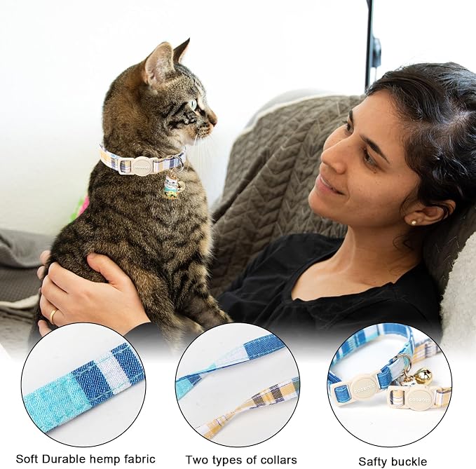 DOGWONG Cat Collar, 2 Blue Plaid Pack, Breakaway - Image 2