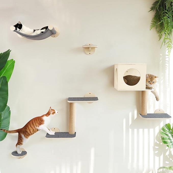 FUKUMARU Cat Wall Shelves, 5-Piece Stable Wooden Wall-Mounted Furniture Set by FUKUMARU
