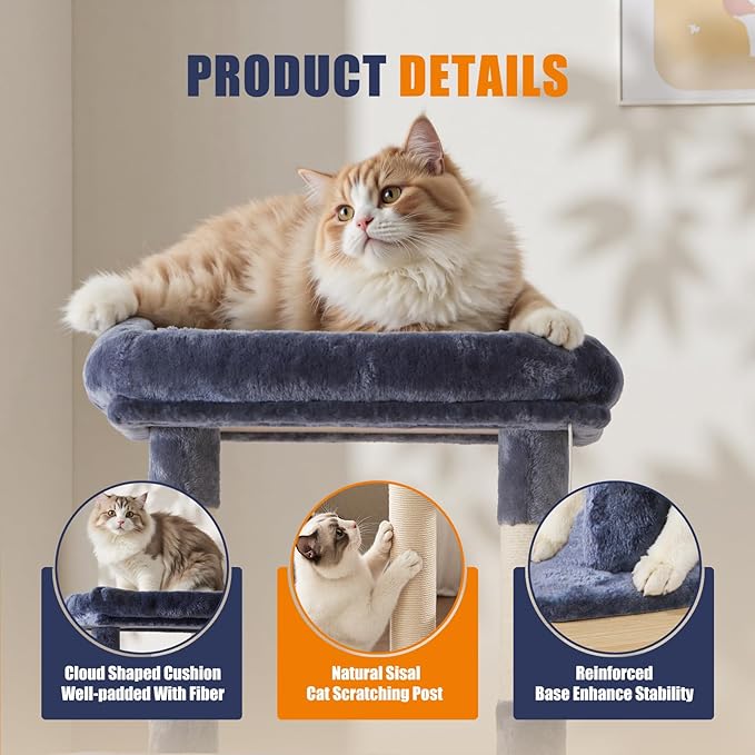 Large Cat Tree 63 Inch, Sisal Scratching Posts Board and Hammock, Pet Play House - Image 3