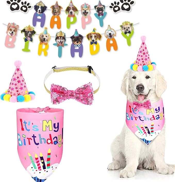 Dog Boy Birthday Party Outfits, Birthday Hat, Bow Tie, Happy Birthday Banner - Image 2