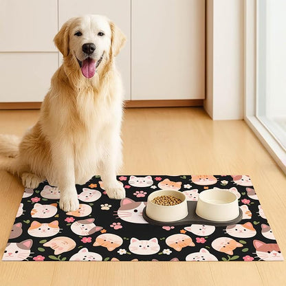 Cat Feeding Mat 24x16 inch Black Kitten Print Pet Bowl Placemat Non Slip Floor - Image 3