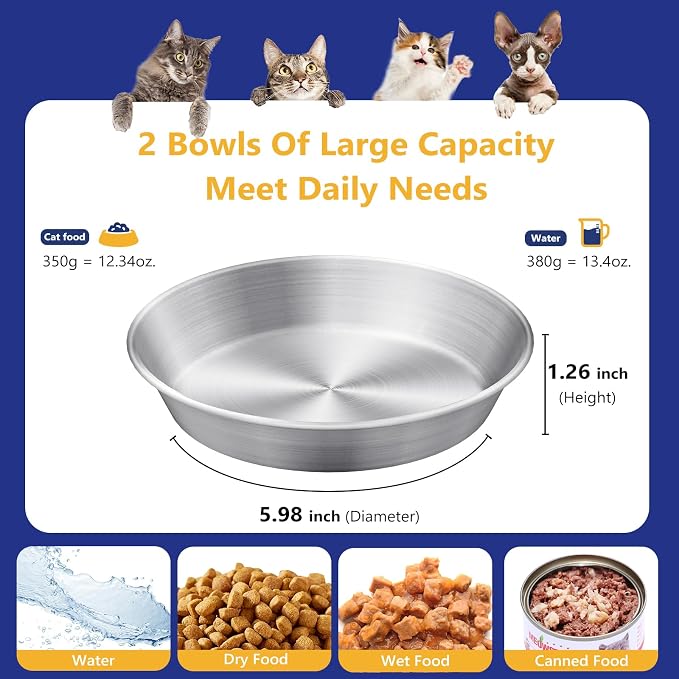 2-Pack Stainless Steel Cat Food Bowls, Shallow Whisker-Friendly Non-Slip - Image 5