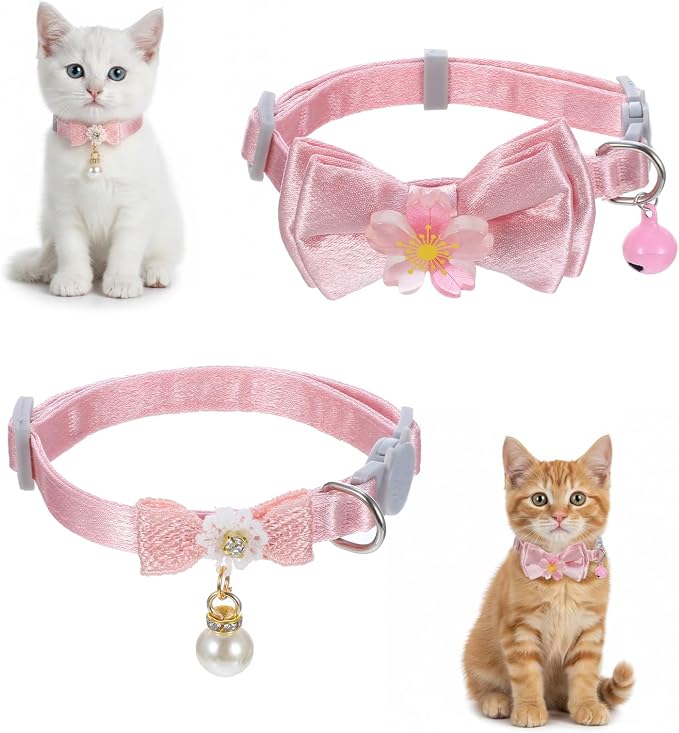 Larrel 2 Pcs Pink Cat Collar Bow, Adjustable Comfortable Pearl Cat Collar by Unknown