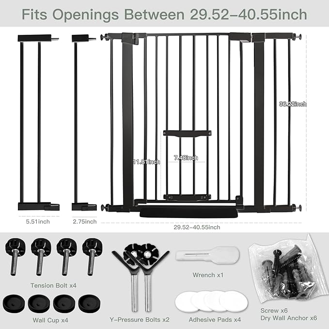 37 Inch Tall Baby Gate with Small Cat Door, Adjustable 29.5" and -40.55" - Image 2