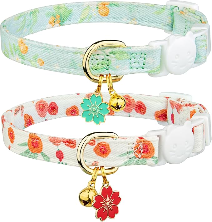 2 Pack Cotton Breakaway Cat Collar Green and Red Flowers Pendant Cute Kitten by Fyeqyaou