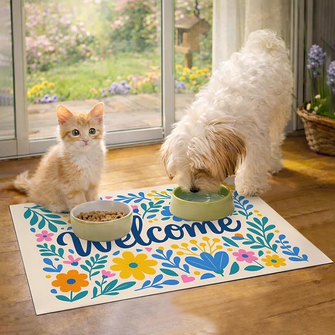Spring Pet Feeding Mat 24" x 16" Colorful Welcome Floral Design Non Slip Dog - Image 2