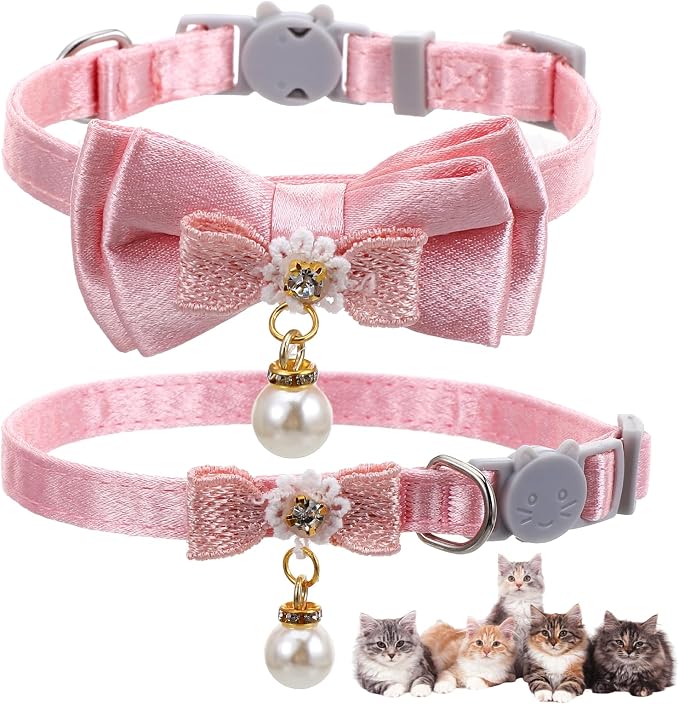 2 Pack Pink Cotton Cat Collars for Girl Cats, Cute Pearl Bow Kitten Collar by Xinjoduz