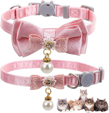 2 Pack Pink Cotton Cat Collars for Girl Cats, Cute Pearl Bow Kitten Collar by Xinjoduz