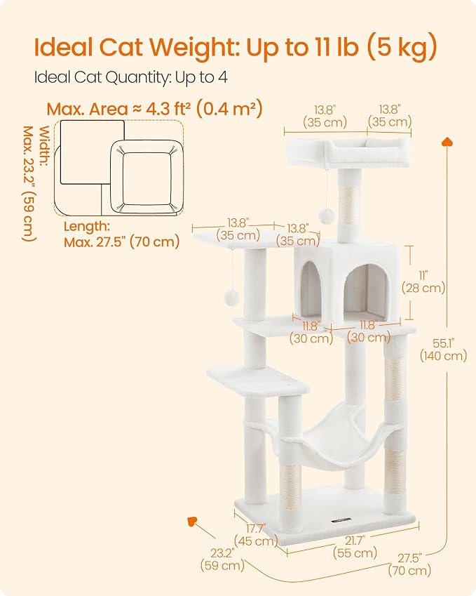 Feandrea Cat Tree, 55.1-Inch Cat Tower, Plush Multi-Level Condo - Image 5