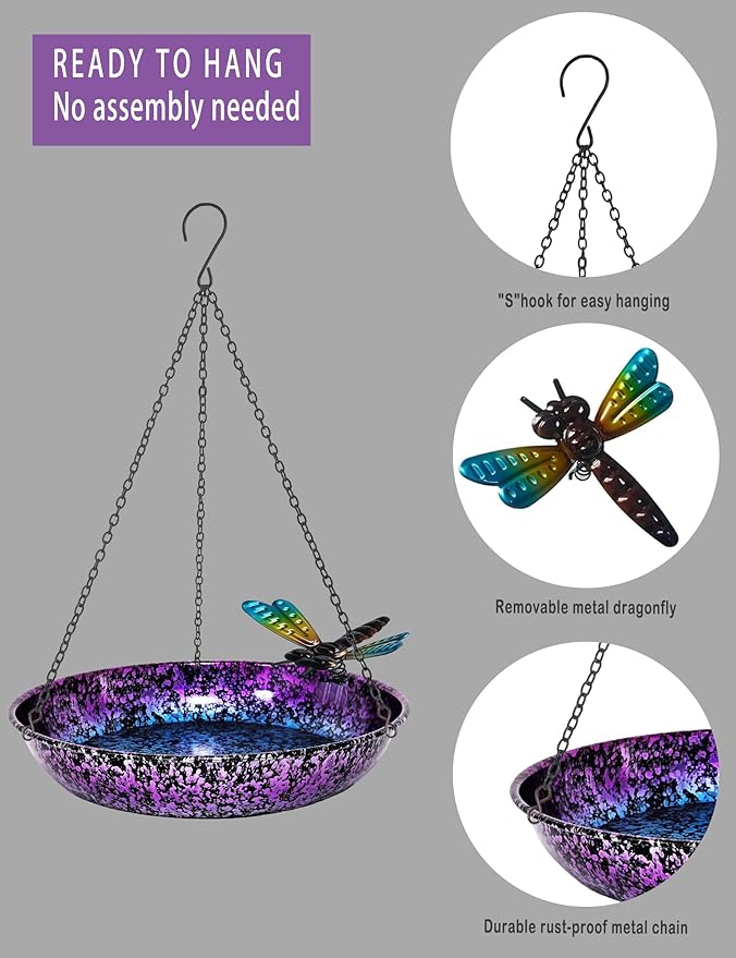 Hanging Bird Bath for Outdoor 11 Inch Colorful Purple&Blue Metal Bird Feeder - Image 5