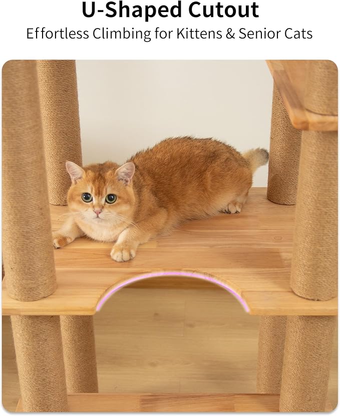 74" Wooden Cat Tree Tower for Large Cats, Cat Condo & Hammock, Natural Wood Cat - Image 9