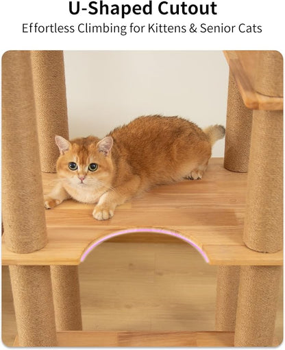 74" Wooden Cat Tree Tower for Large Cats, Cat Condo & Hammock, Natural Wood Cat - Image 9