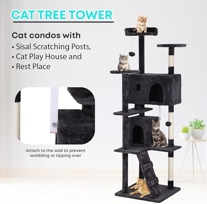 FDW | 70" Cat Tree Tower | Dark Gray | Multi-Level Indoor Activity Center - Image 6