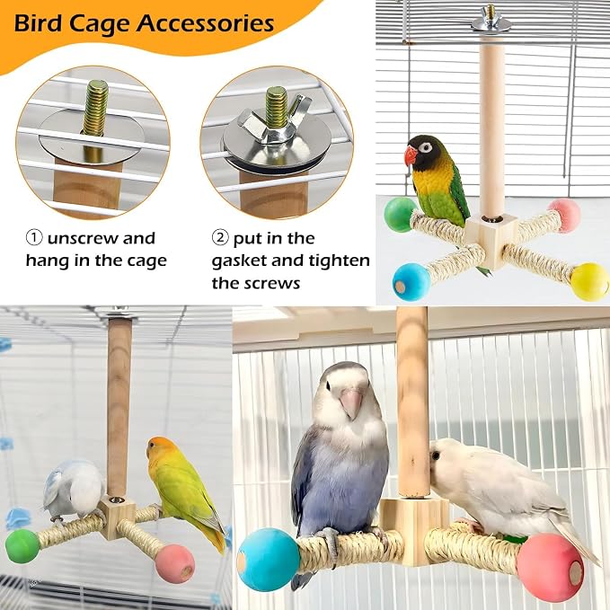 Bird Stand Perch Toy, Interactive Spinning Parakeet Toys, Wooden Exercise Wheel - Image 4