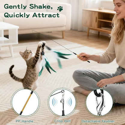 Pawaboo Feather Teaser Cat Toy, Interactive Feather Wand Cat Toy Flying Feather - Image 3