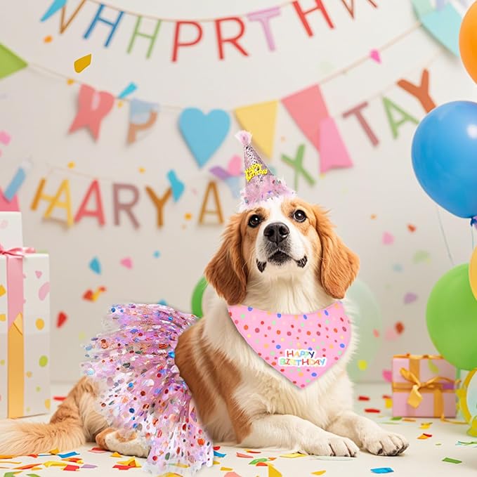 Dog Birthday Bandana with Hat and Dress Girl Set Puppy Birthday Party Supplies - Image 6