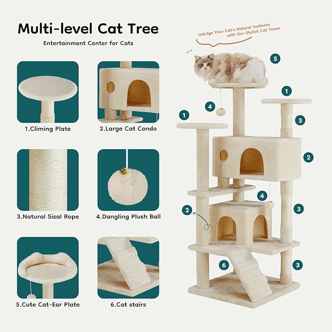 DUMOS 54-inch Indoor Cat Tree Tower –Multi-Level Pet House - Image 6
