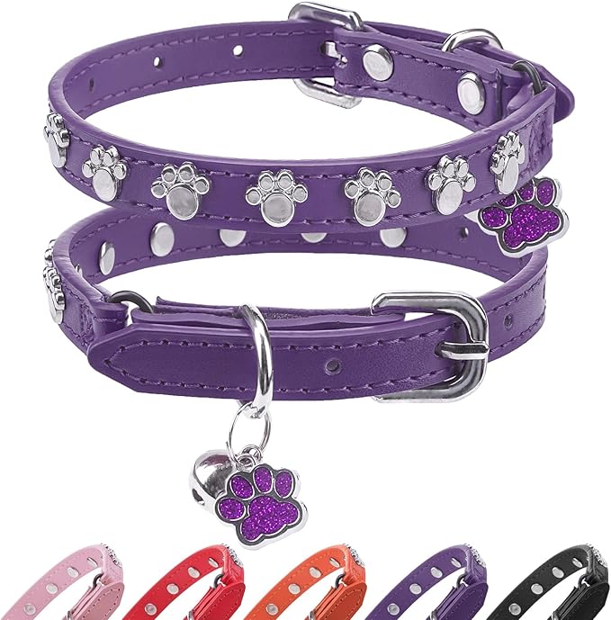 SCENEREAL Cat Collar with Bells, Leather Cat Collars with Paw Studded, by SCENEREAL