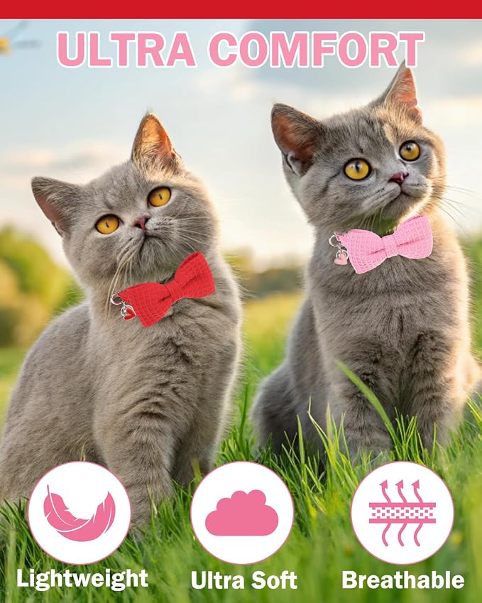 Cat Collar Breakaway with Bells, Soft Cotton Pink Cat Bowtie Collar - Image 7