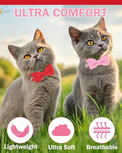 Cat Collar Breakaway with Bells, Soft Cotton Pink Cat Bowtie Collar - Image 7