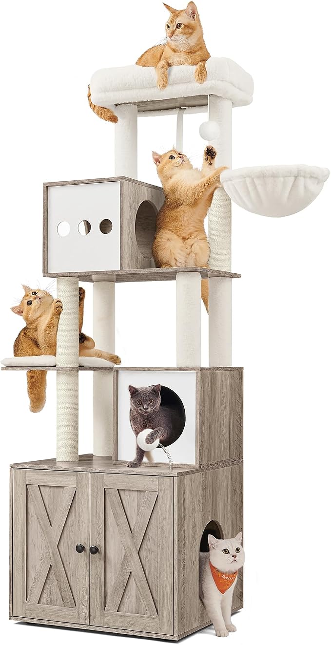 Feandrea Cat Tree with Litter Box Enclosure, 70.1-Inch Tall Cat Tower, 2-in-1 by FeandreabySONGMICSHOME
