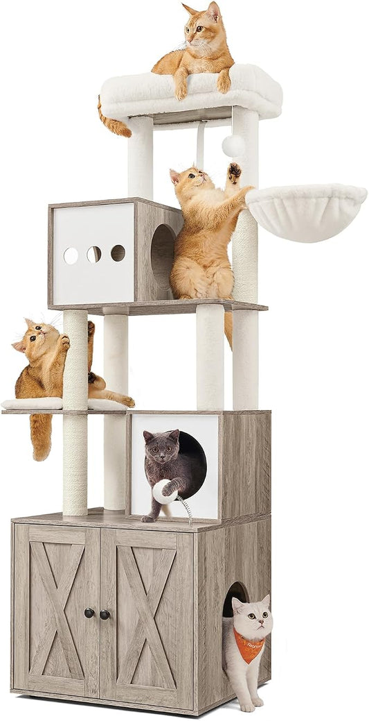Feandrea Cat Tree with Litter Box Enclosure, 70.1-Inch Tall Cat Tower, 2-in-1 by FeandreabySONGMICSHOME
