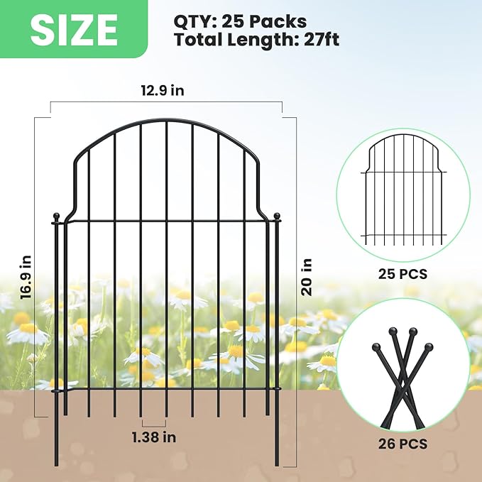 25Pcs Decorative Garden Fence, 20in/27ft Rustproof Metal Fences Animal Barrier - Image 2