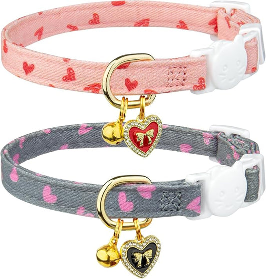 2 Pack Cotton Breakaway Cat Collar Pink and Gray Heart Shaped Pendant Cute by Fyeqyaou