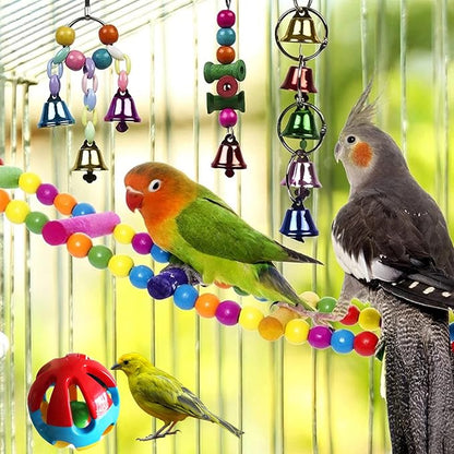 Hamiledyi Bird Parrot Swing Chewing Toy Set 15PCS Wooden Hanging Bell - Image 2