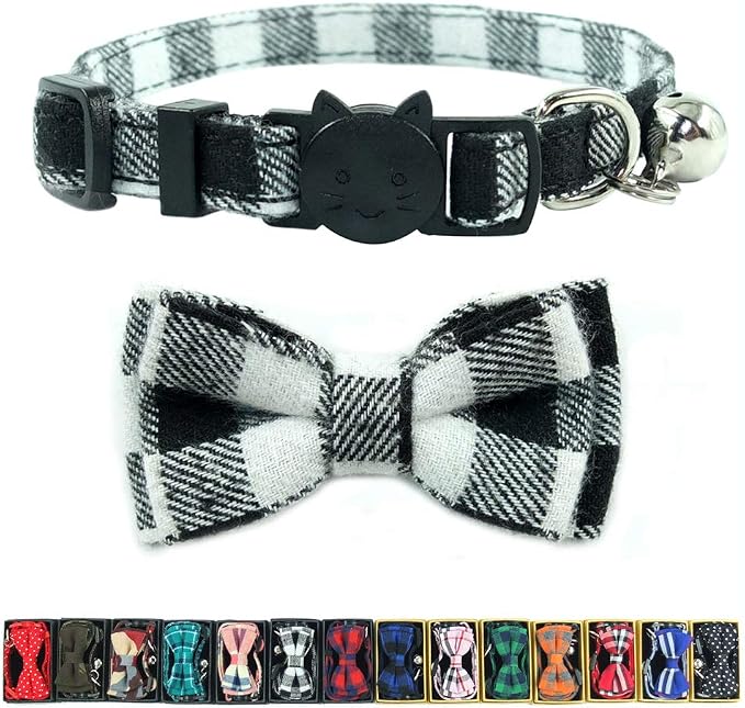 Cat Collars Breakaway with Bell and Bow Tie, Plaid Design Adjustable Safety by Ximipet