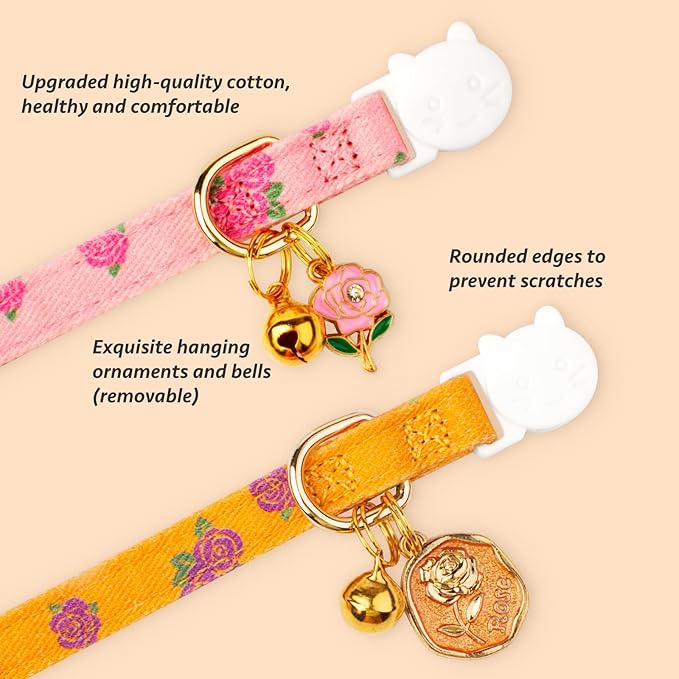 2 Pack Cotton Breakaway Cat Collar Yellow and Pink Rose Pendant Cute Kitten Cat - Image 2