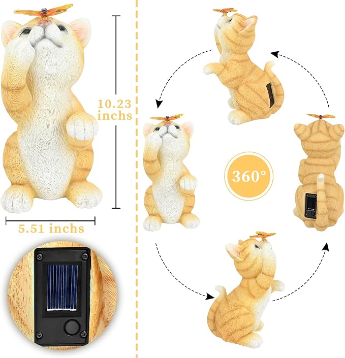Solar Garden Statue Cat Figurine, Resin Cat Statue Playing Butterfly, Outdoor - Image 5