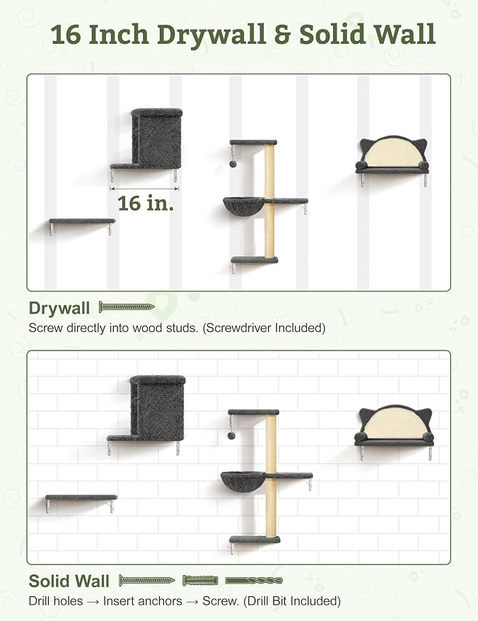 5-in-1 Cat Wall Shelves, Solid Wood & Velvet & Sisal Scratcher, 44lbs Max Load - Image 7