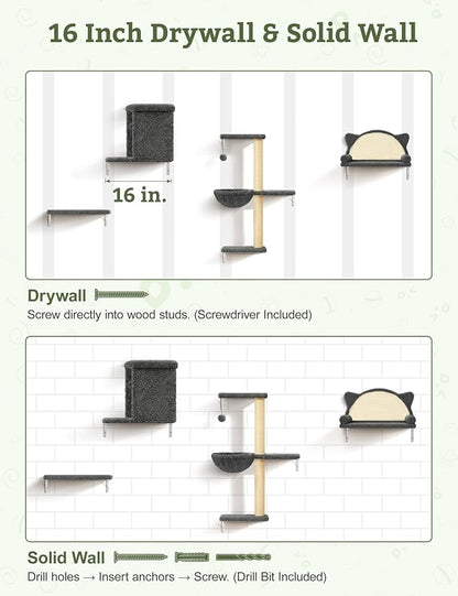 5-in-1 Cat Wall Shelves, Solid Wood & Velvet & Sisal Scratcher, 44lbs Max Load - Image 7