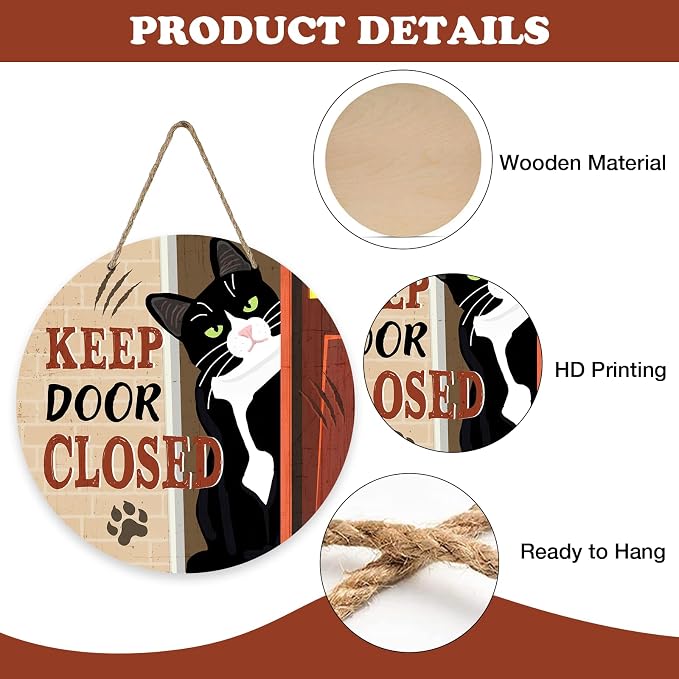 Keep Door Closed Tuxedo Cat Front Door Sign, Funny Wood Hanger Bedroom Porch - Image 3