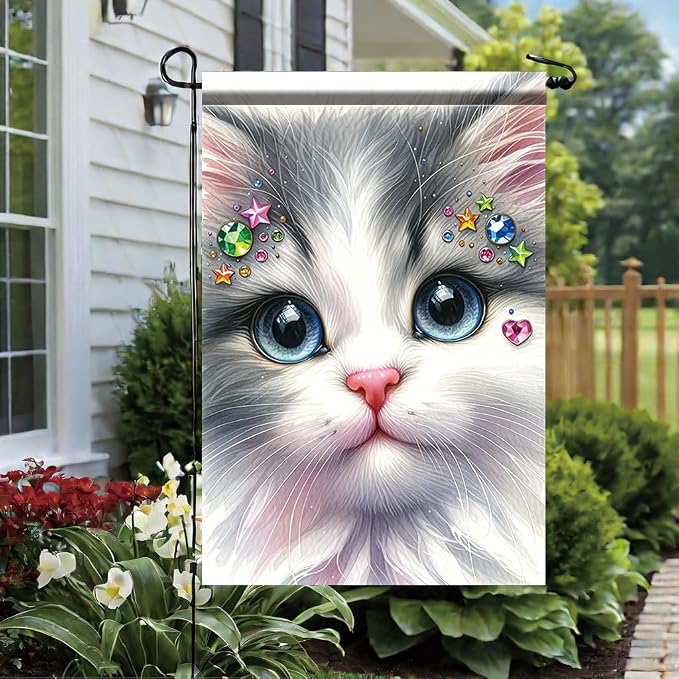 Cute Kitty Garden Flag 12x18 Inch Bling Rhinestone Cat Face Banner Double Sided - Image 4